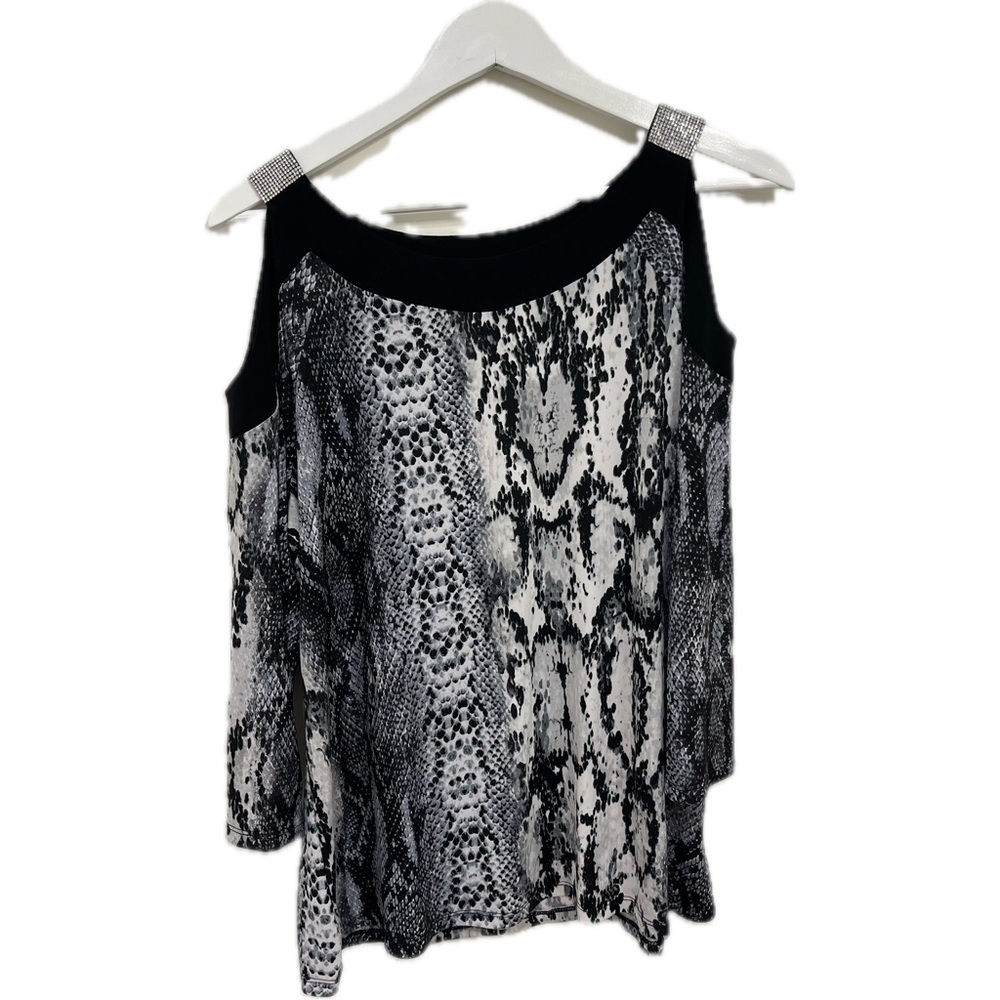 Diana Belle Monochrome Snake Print Open Shoulder Blouse